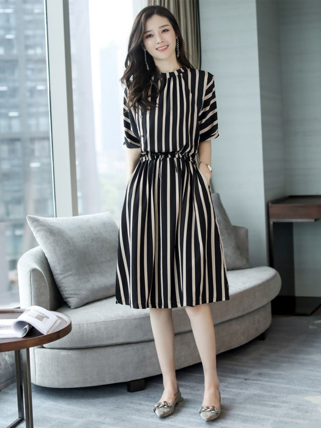 

KPOP Striped Knee Length A-Line Dress, Black