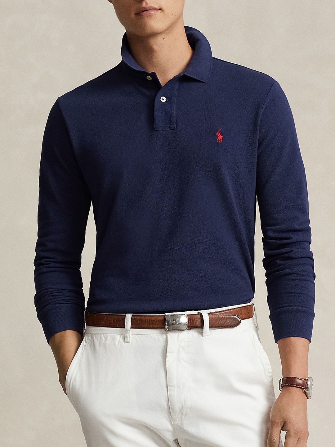 

Polo Ralph Lauren Men Solid Polo Collar Cotton Slim Fit T-shirt, Blue