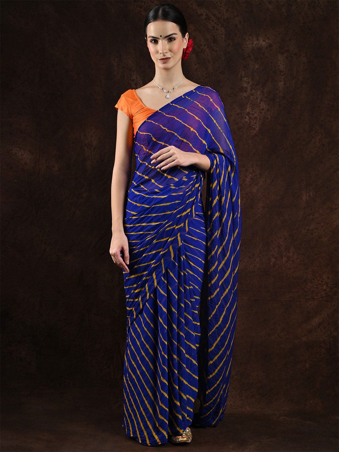 

Exotic India Mazarine Blue Leharia Tie-Dye Chiffon Saree