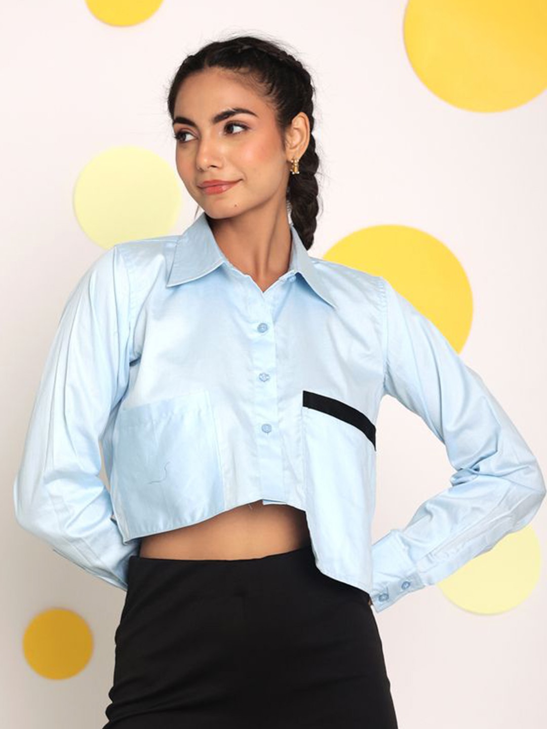 

KAORI BY SHREYA AGARWAL Women Solid Shirt Collar Cotton Top, Blue