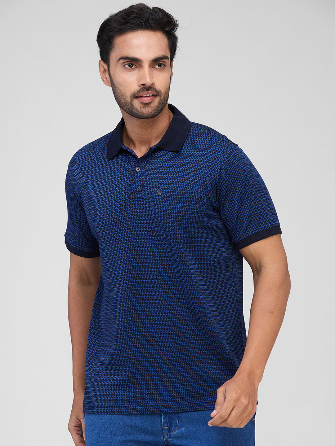 

Raymond Men Geometric Printed Polo Collar Cotton T-shirt, Blue