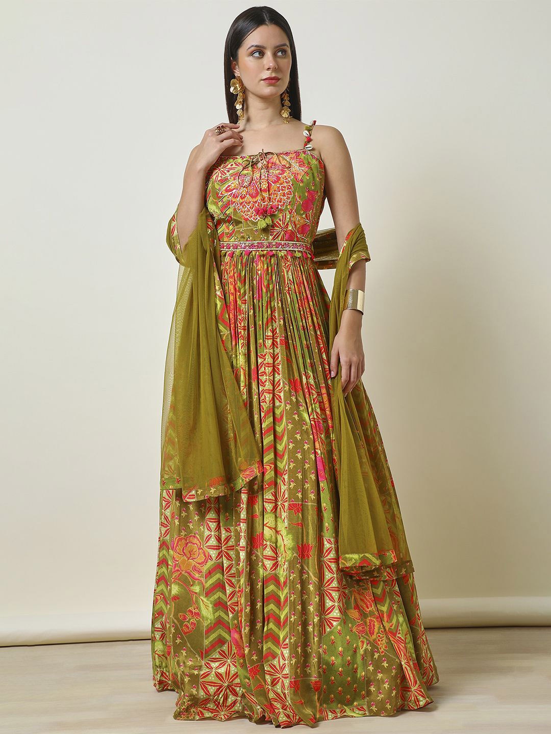 

Soch Square Neck Shoulder Straps Printed Maxi Ethnic Dress With Dupatta & Belt, Green