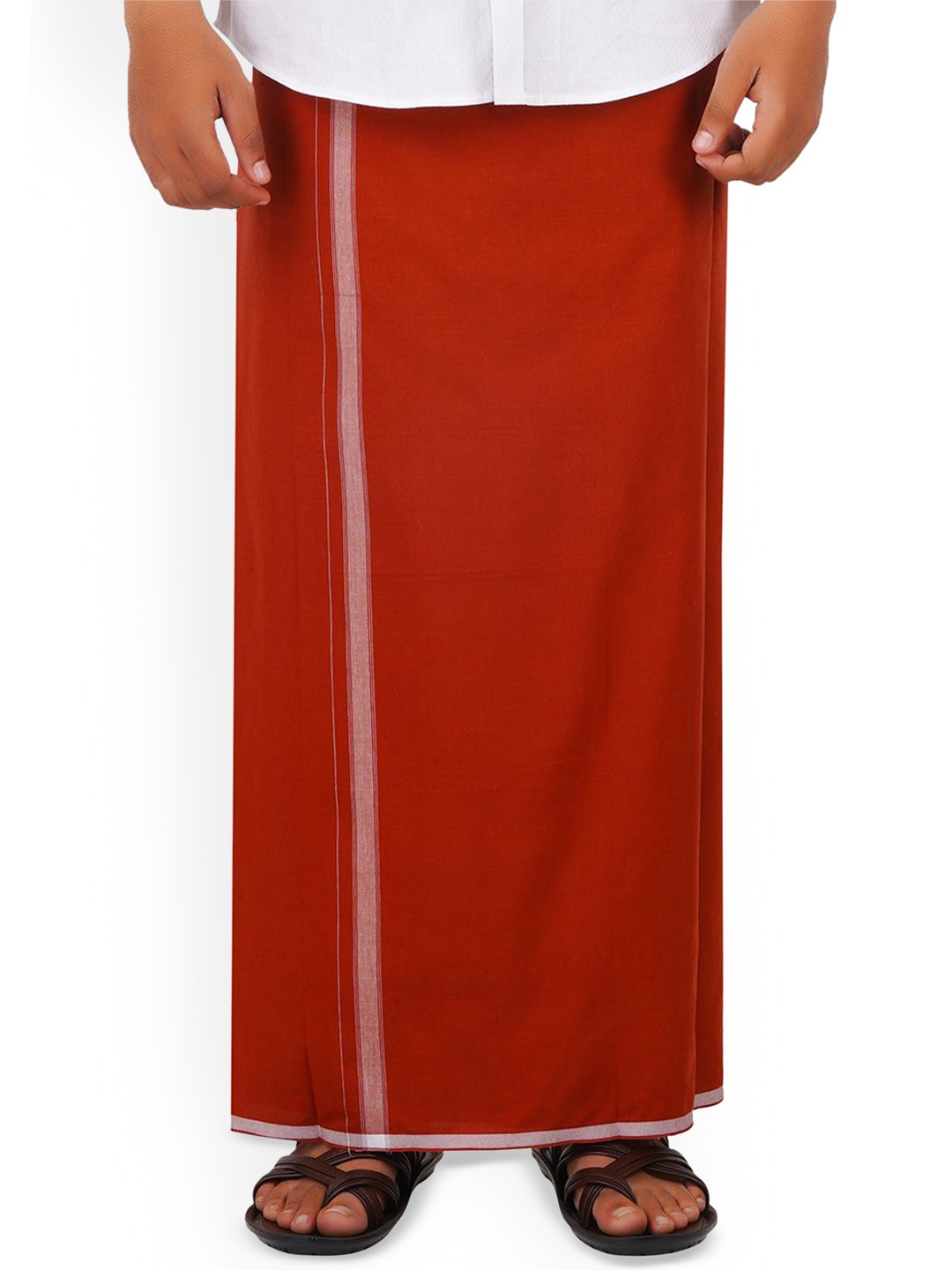 

ETHAZH Men Cotton Kavi Colour Dhoti With White Border, Orange