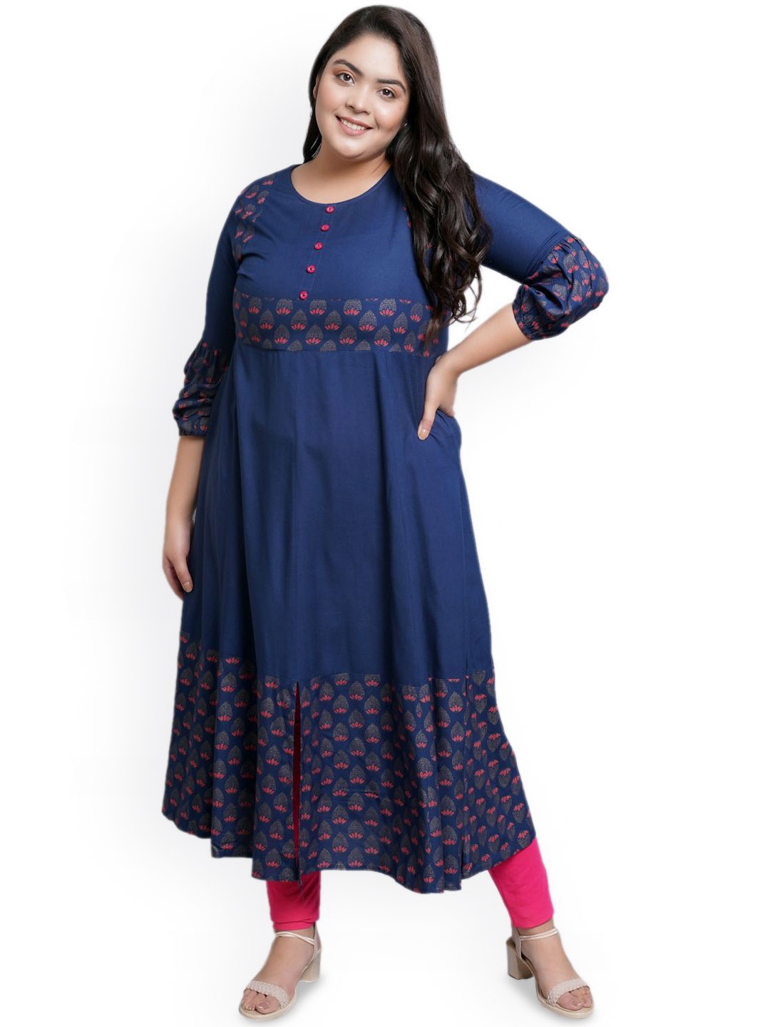 

YASH GALLERY Plus Size Ethnic Motifs Printed A-Line Kurta, Blue