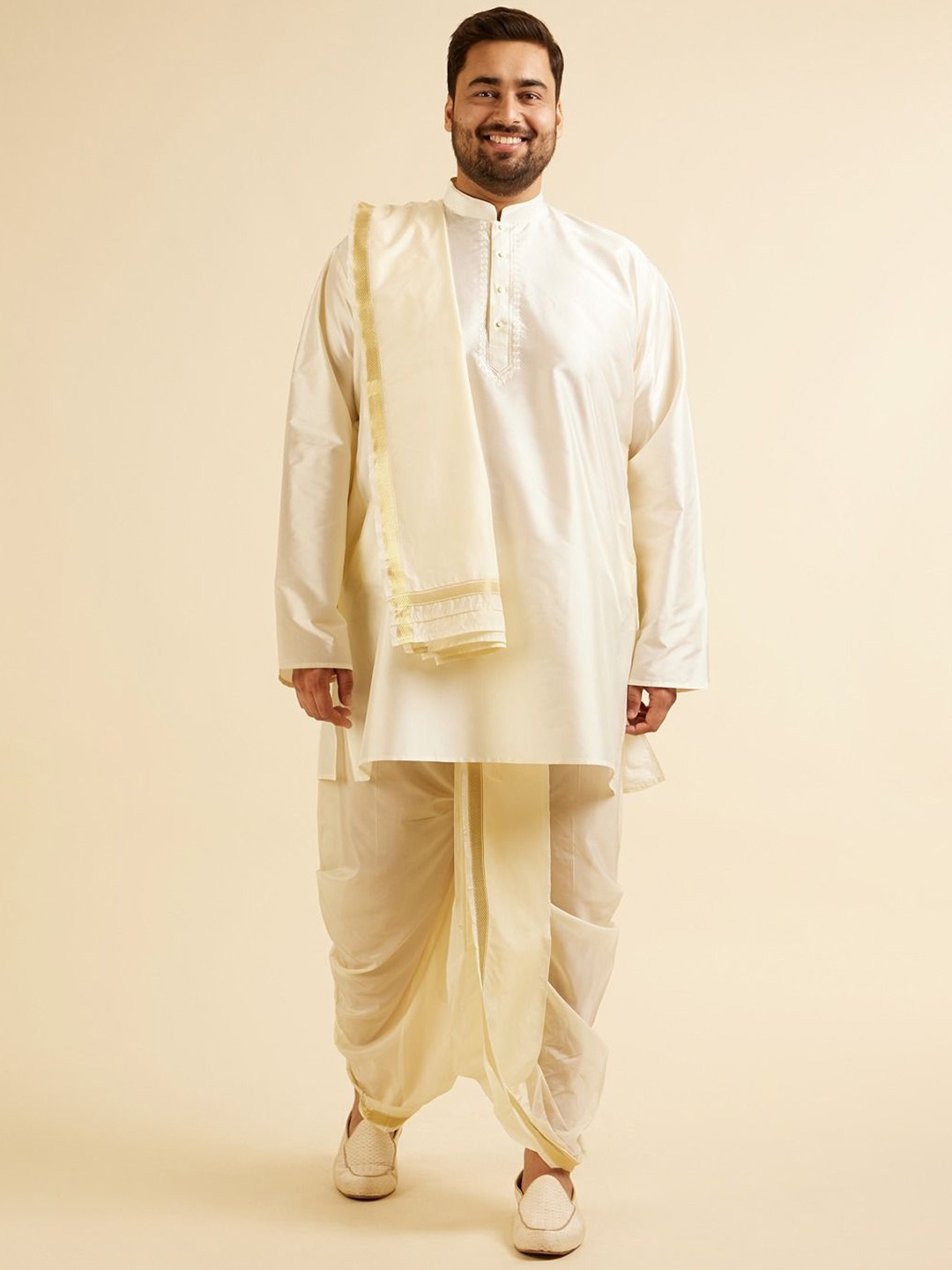 

Manyavar Floral Embroidered Mandarin Collar Straight Kurta with Dhoti Pant & Dupatta, Cream