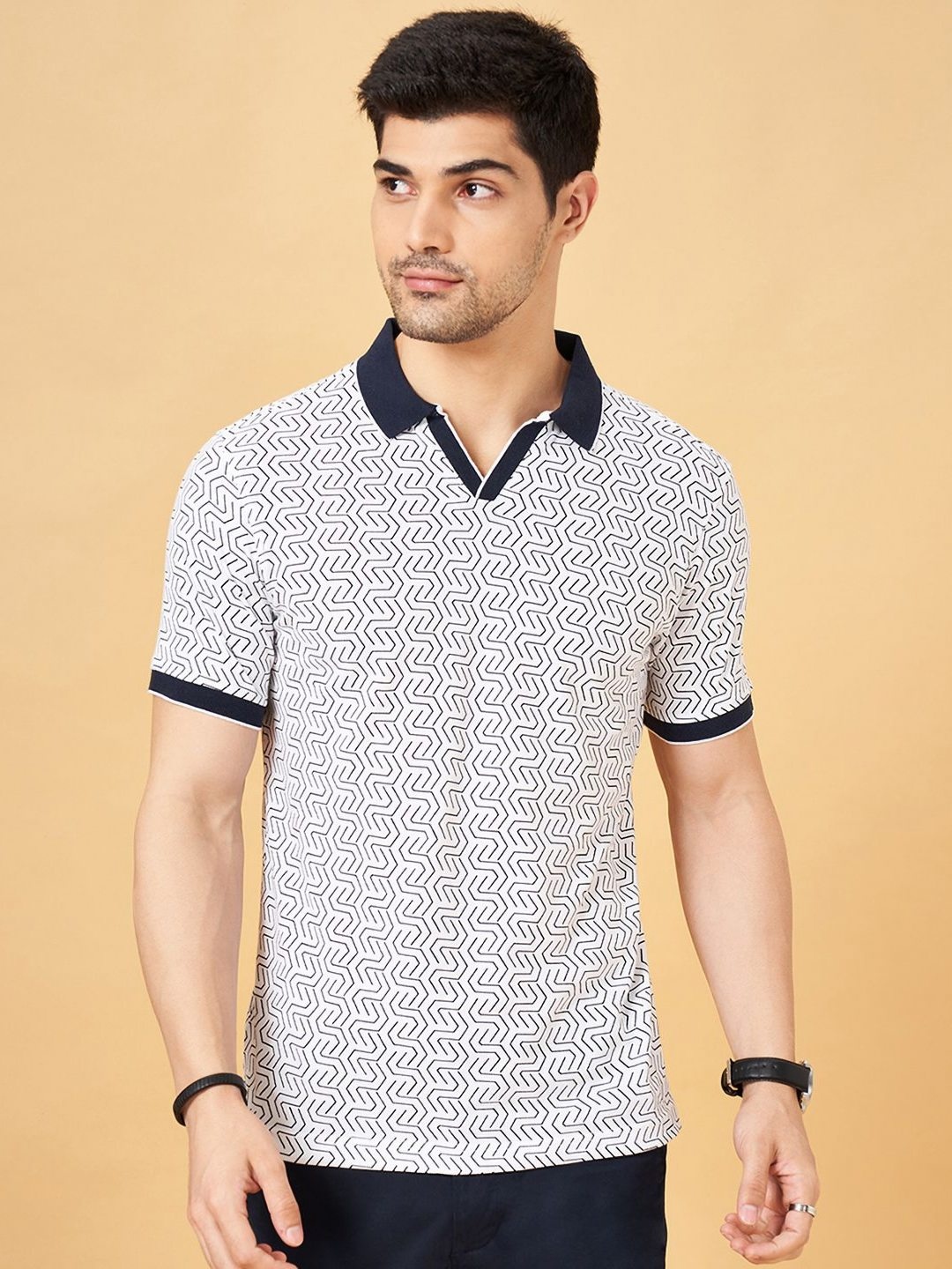 

BYFORD by Pantaloons Men Geometric Printed Polo Collar Cotton Slim Fit T-shirt, Black