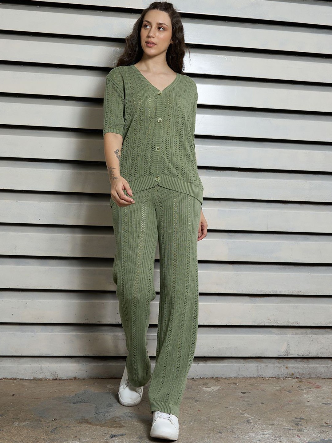 

High Star Self Design Pure Cotton Shirt With Trouser, Green