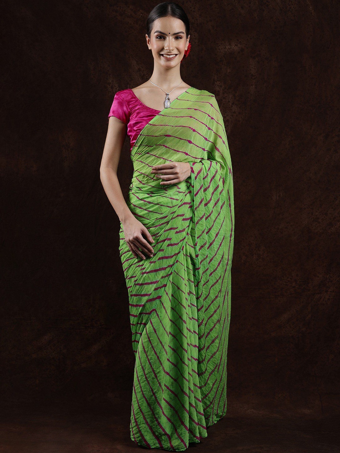 

Exotic India Leheriya Poly Chiffon Leheriya Saree, Green