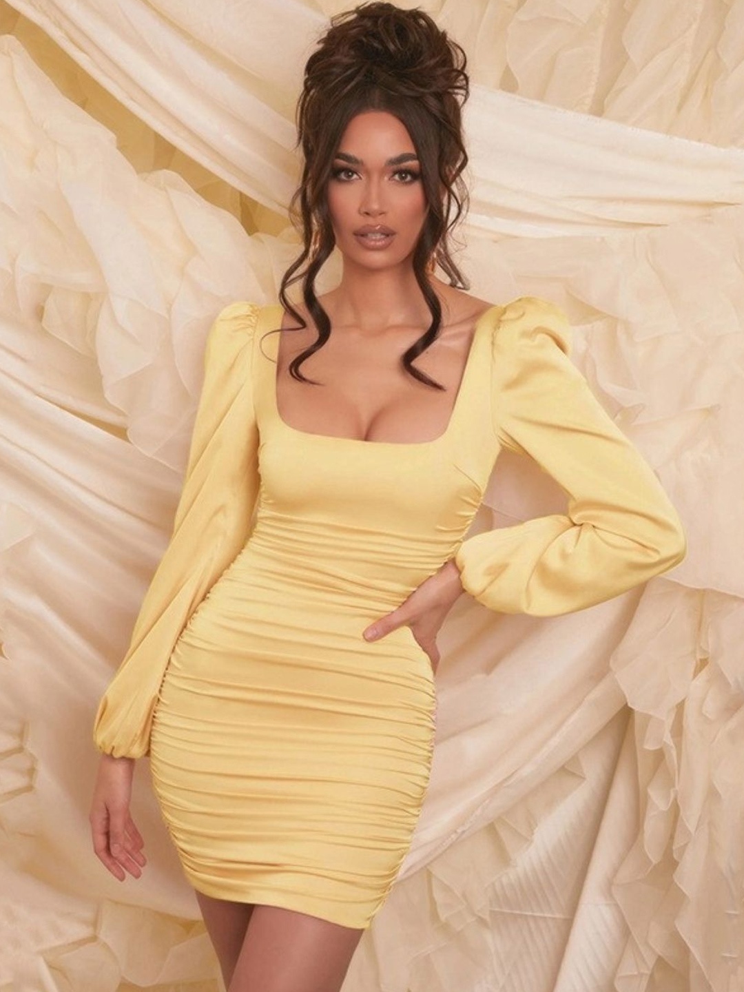 

KPOP Women Solid Puff Sleeve Bodycon Mini Dress, Yellow