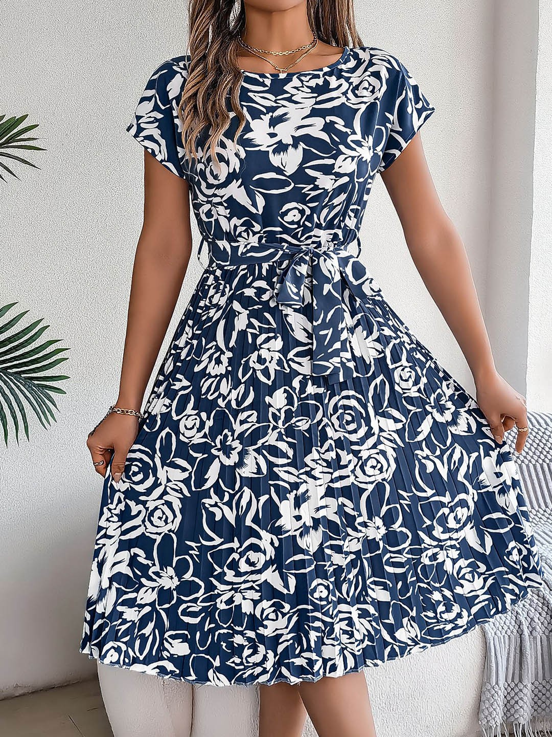 

HERE&NOW Floral Print Fit & Flare Dress With A Belt, Navy blue