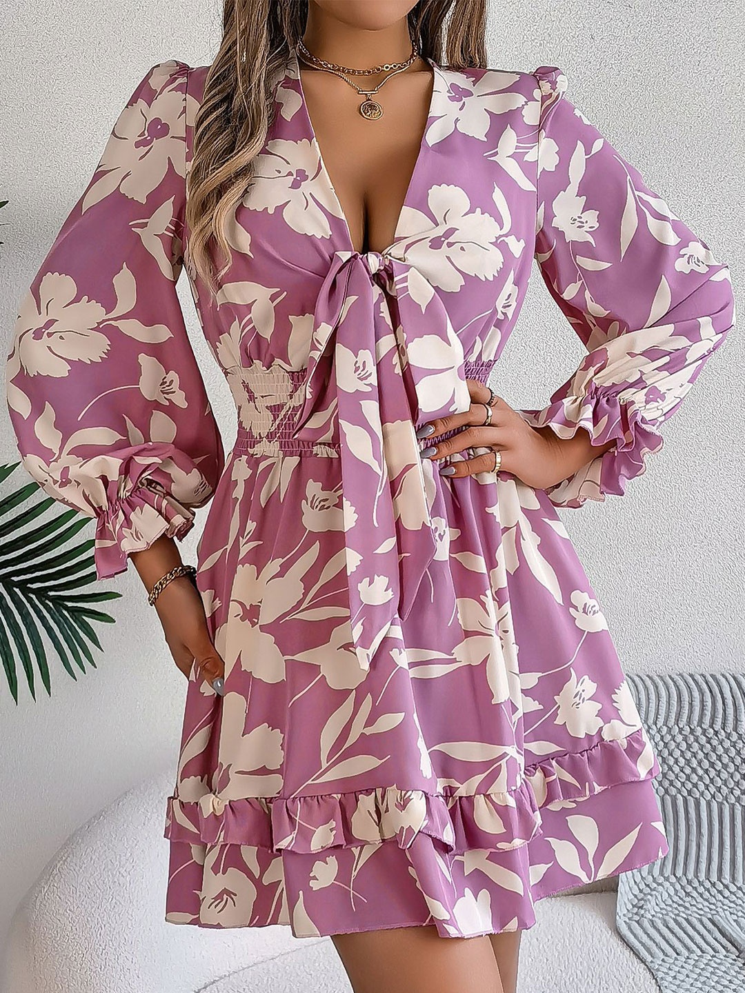 

HERE&NOW Floral Print Bell Sleeve Dress, Pink