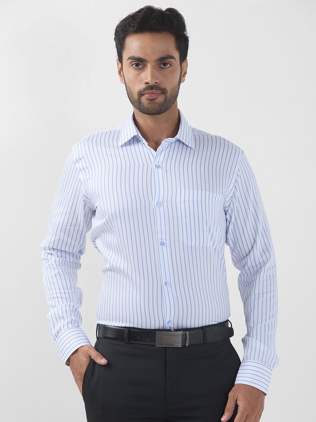 

Raymond Men Contemporary Fit Spread Collar Vertical Striped Cotton Formal Shirt, Blue