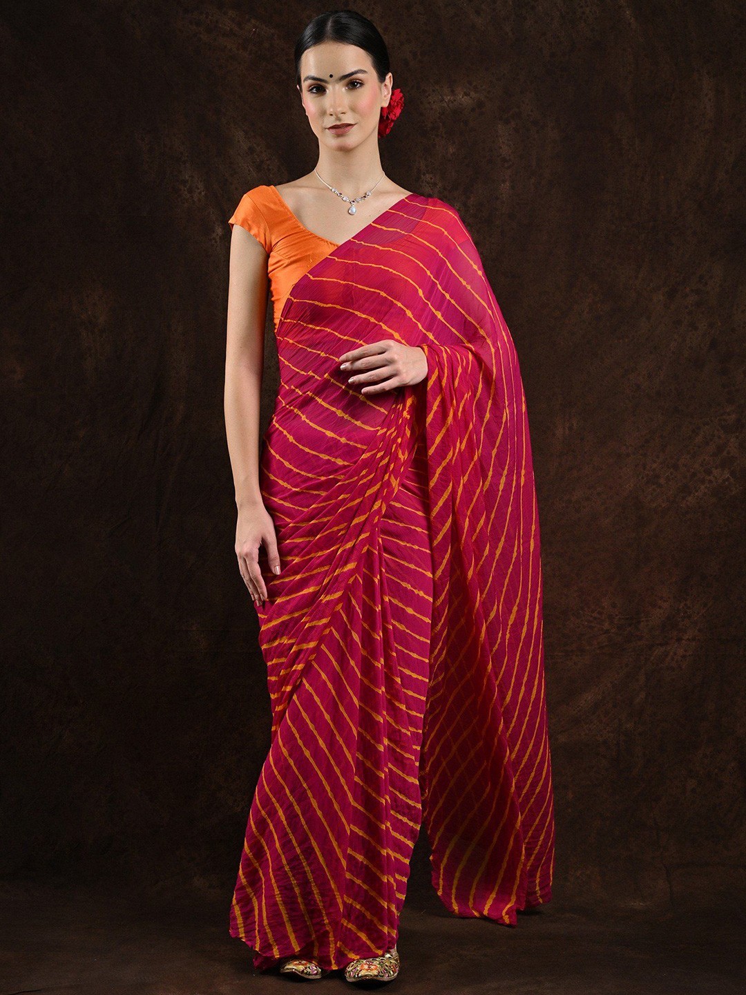 

Exotic India Leheriya Poly Chiffon Leheriya Saree, Red
