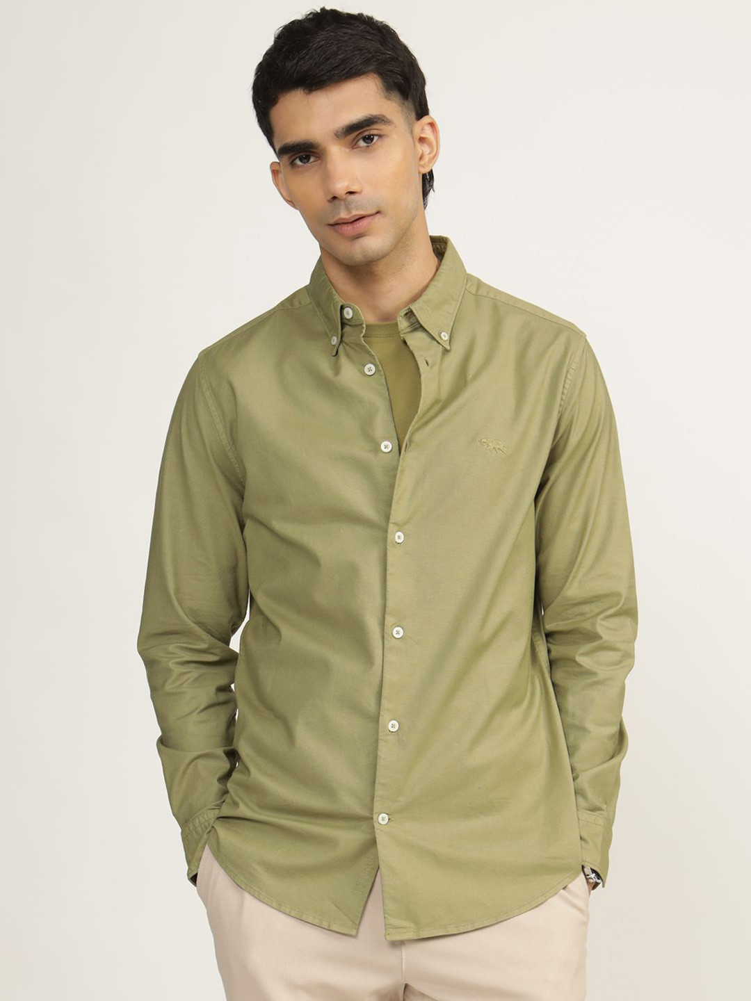 

Andamen Men Premium Button-Down Collar Solid Cotton Slim Fit Casual Shirt, Green