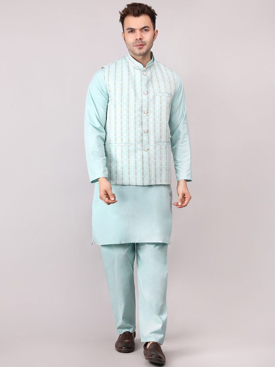 

Voniry Geometric Woven Design Jacquard Straight Kurta With Pyjamas & Nehru Jacket, Sea green