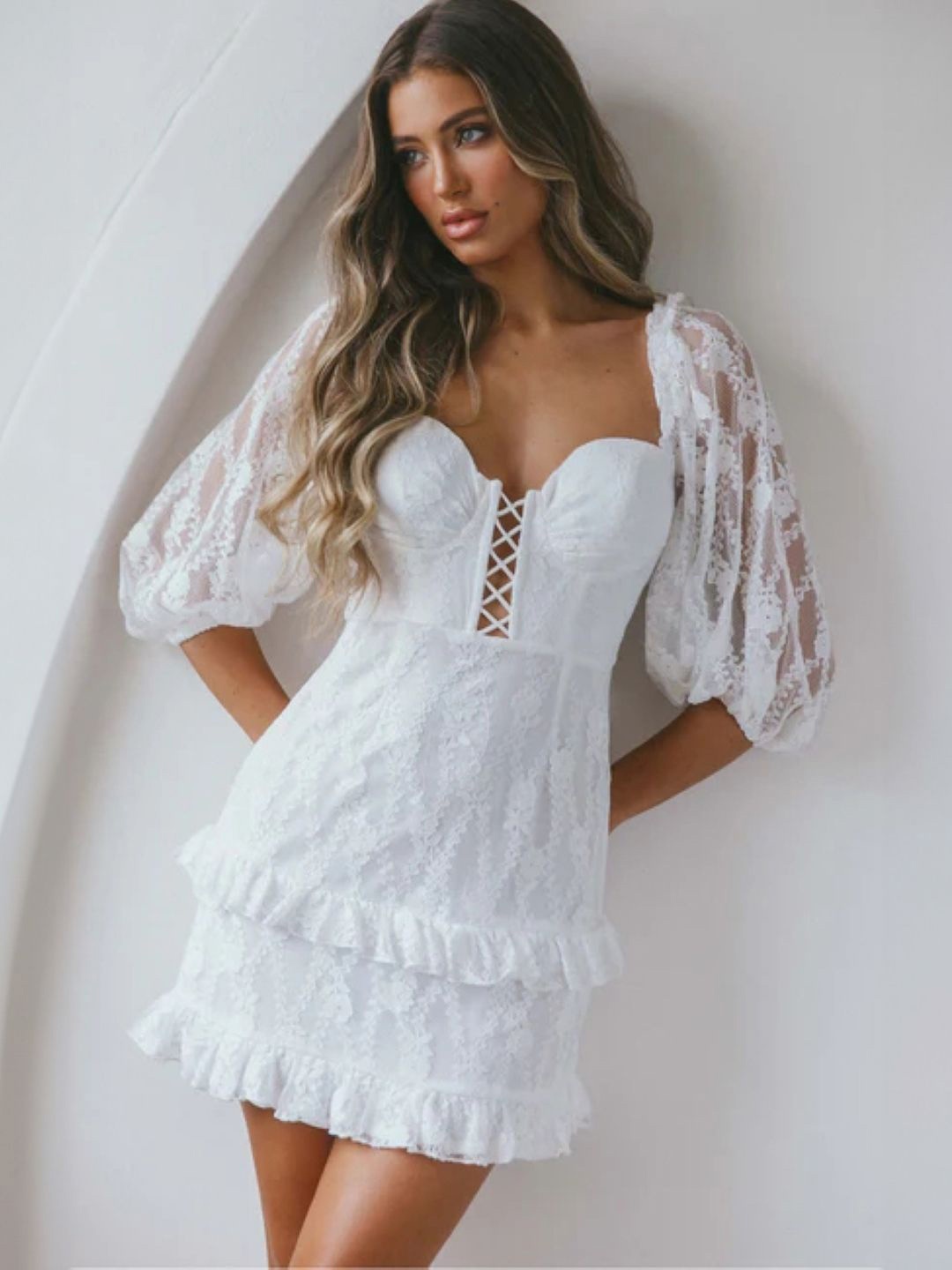 

KPOP Women Puff Sleeve Bodycon Dress, White