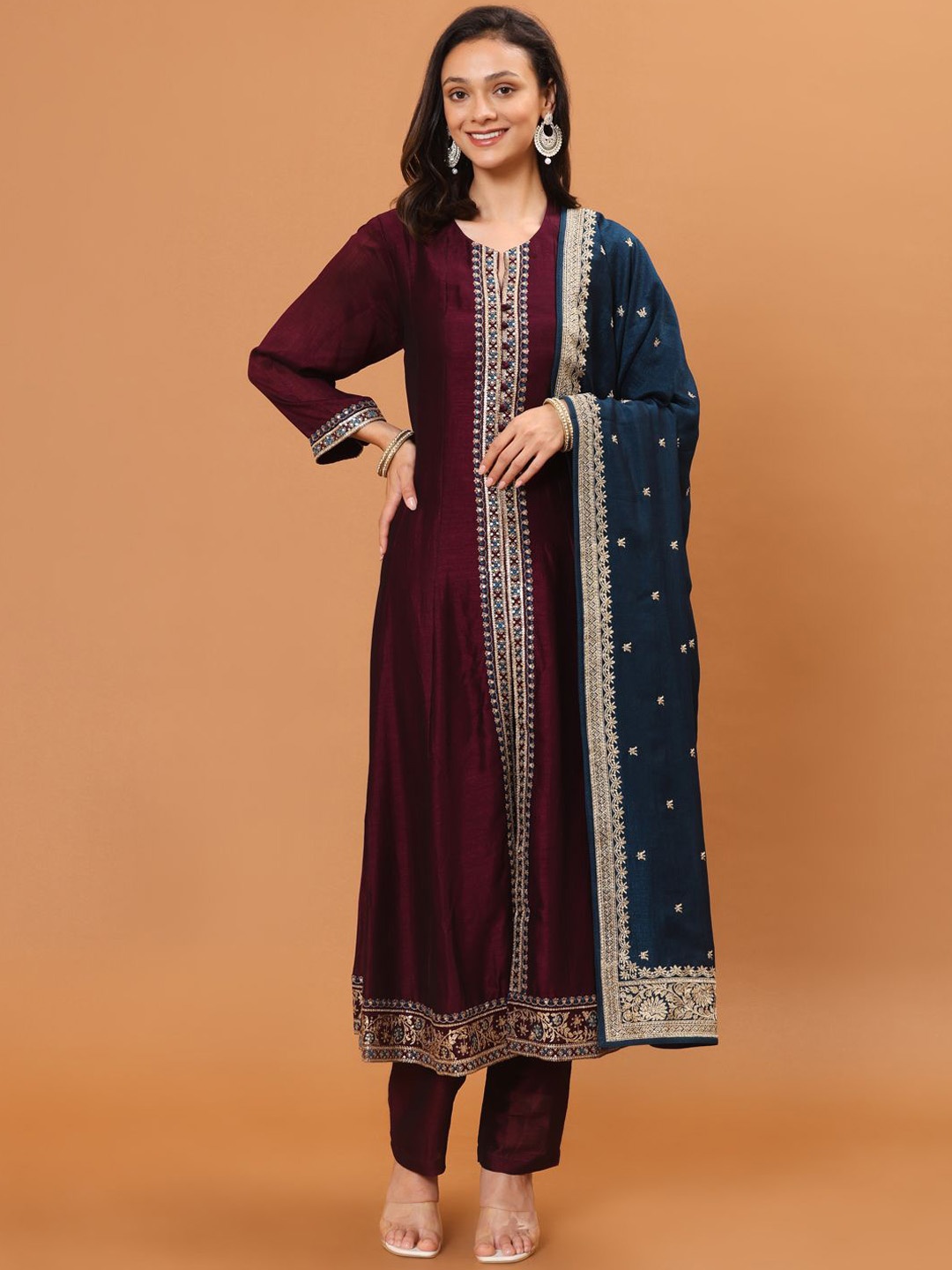 

Meena Bazaar Floral Embroidered Sequinned A-Line Kurta With Trouser & Dupatta, Purple