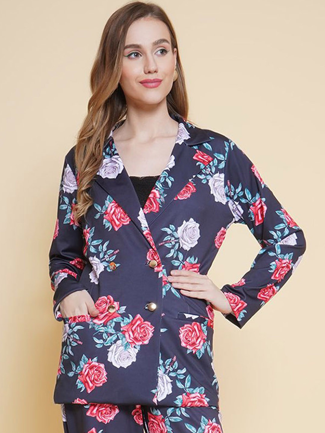 

BAESD Floral Printed Single-Breasted Blazer, Navy blue