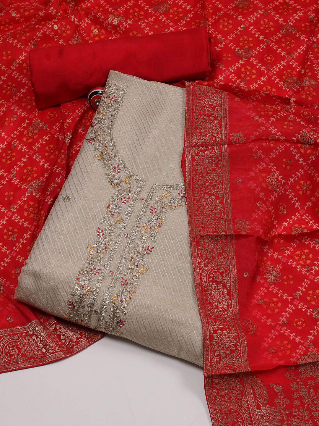 

Meena Bazaar Embroidered Unstitched Dress Material, Beige