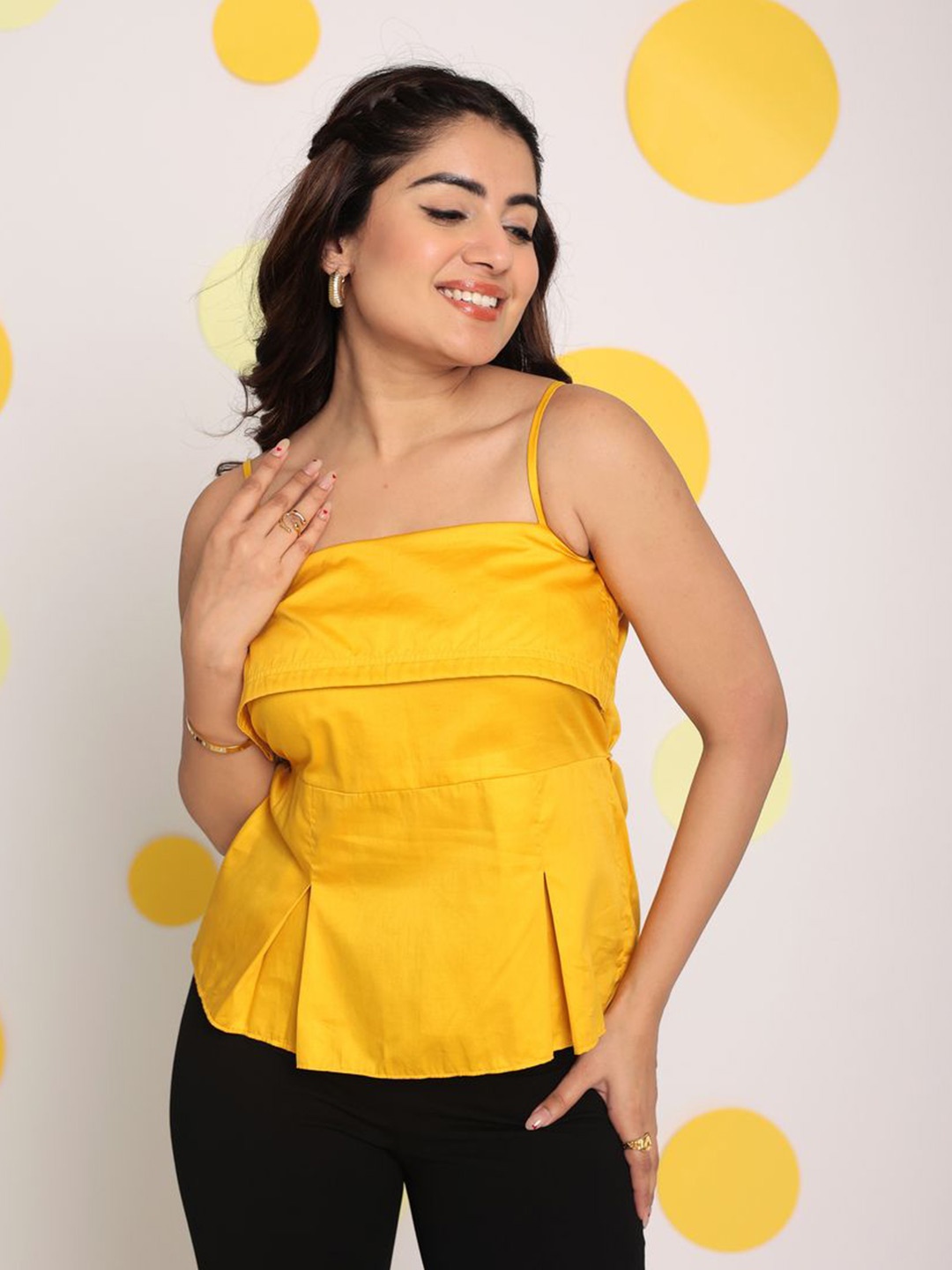 

KAORI BY SHREYA AGARWAL Women Solid Shoulder Straps Cotton Top, Yellow