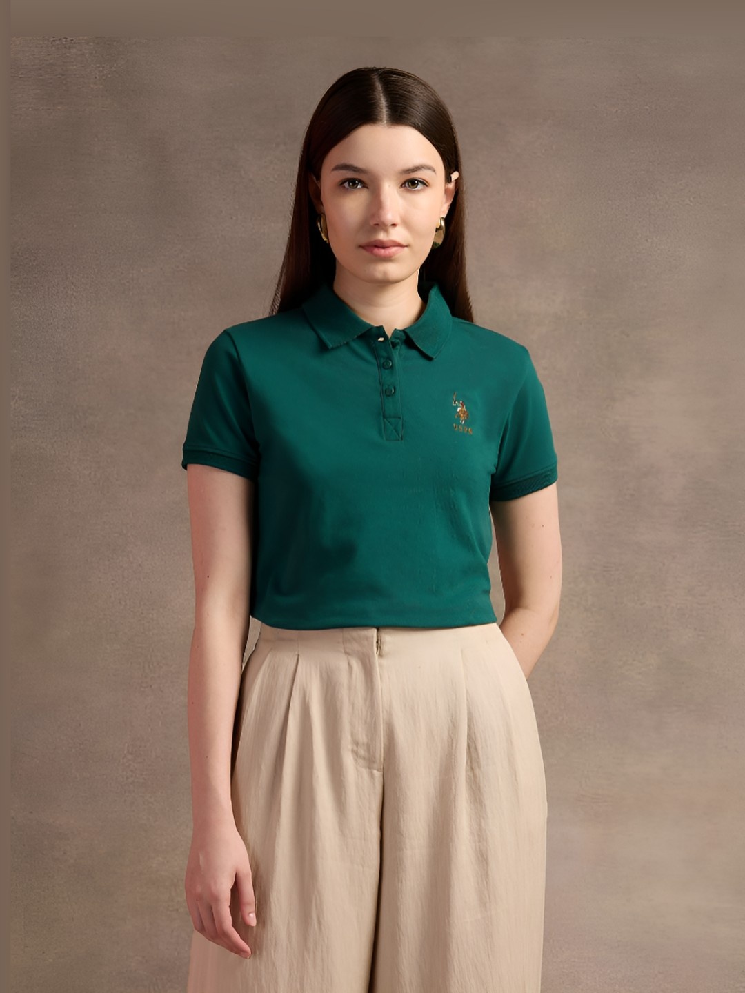 

U.S. Polo Assn. Women Brand Logo Printed Polo Collar Cotton T-shirt, Green