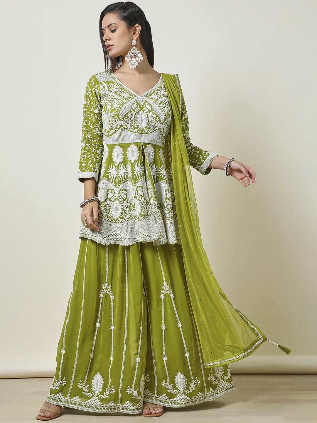 

Soch Ethnic Motifs Embroidered Empire Thread Work Anarkali Kurti with Palazzos & Dupatta, Green