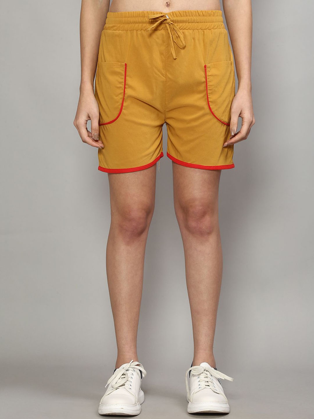 

Jinfo Women Solid Regular Fit Mid-Rise Shorts, Gold