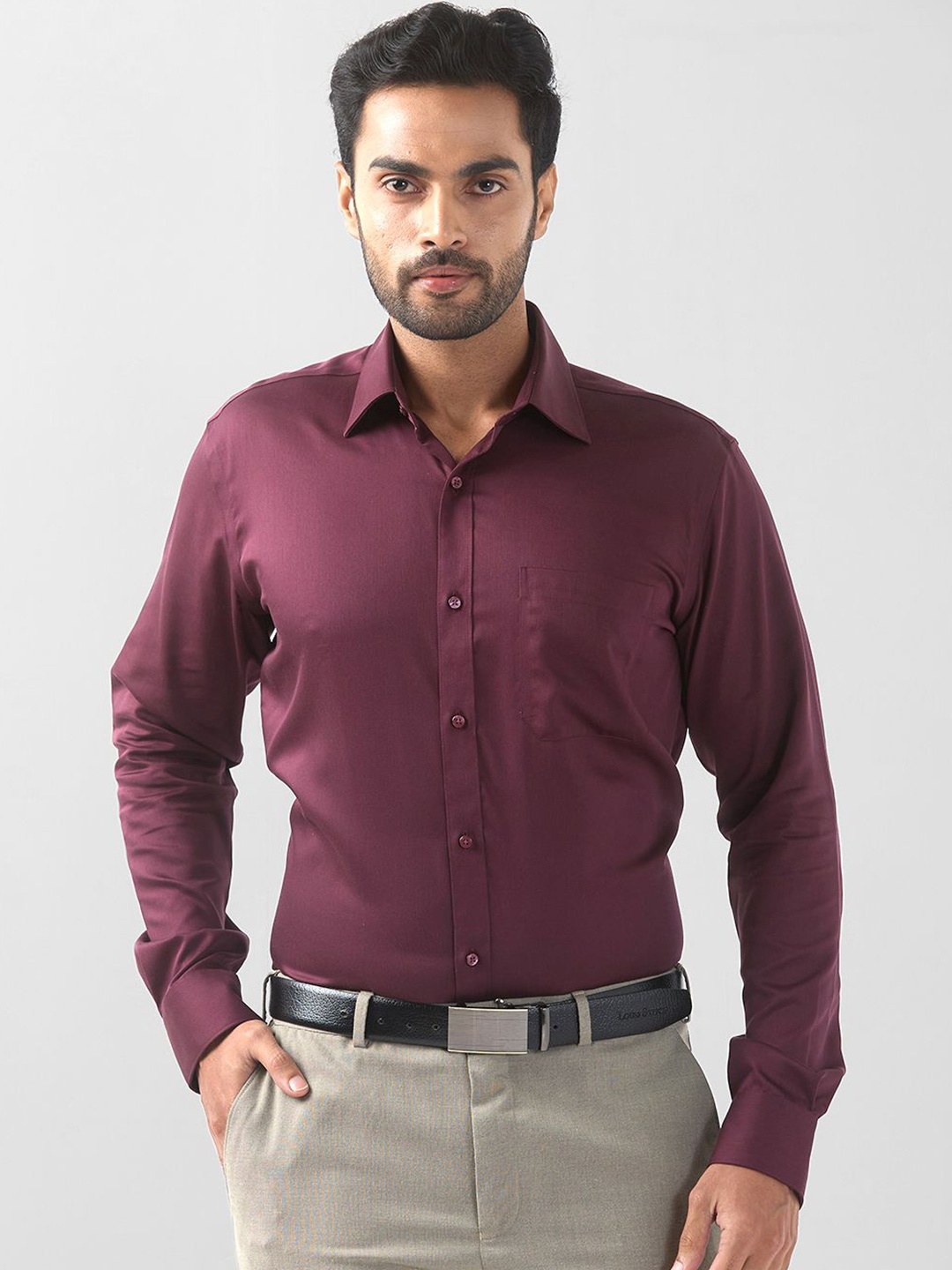

Raymond Men Contemporary Spread Collar Solid Cotton Formal Shirt, Maroon