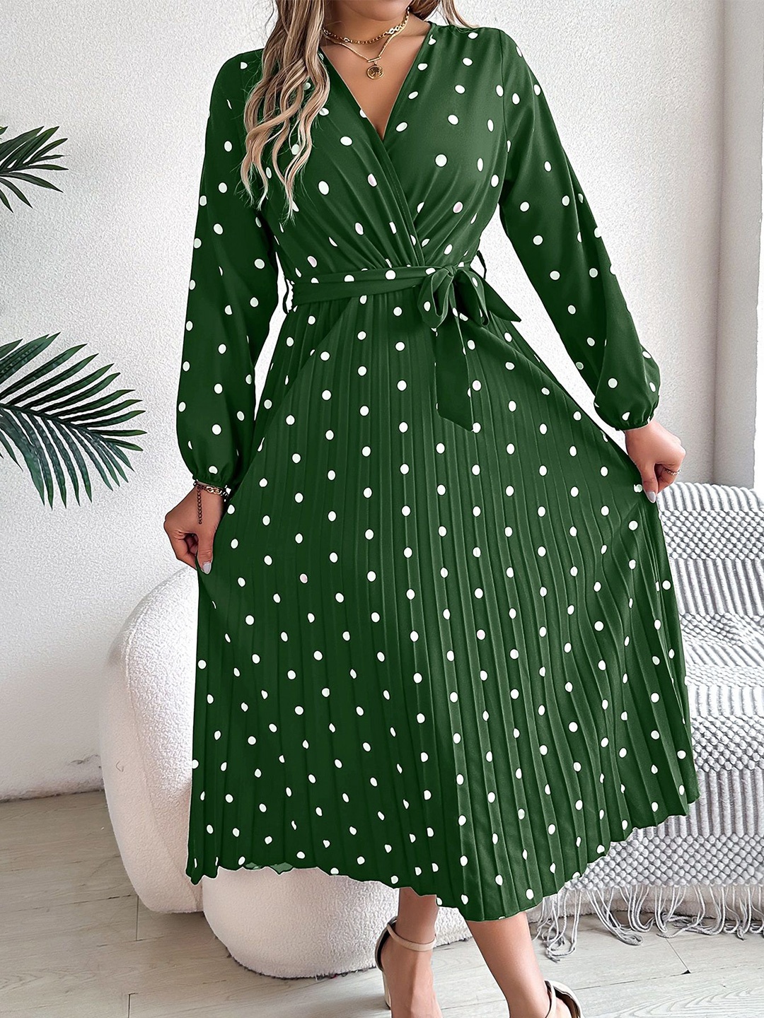 

HERE&NOW Polka Dot Printed Wrap Long Puff Sleeves Maxi Dress, Green