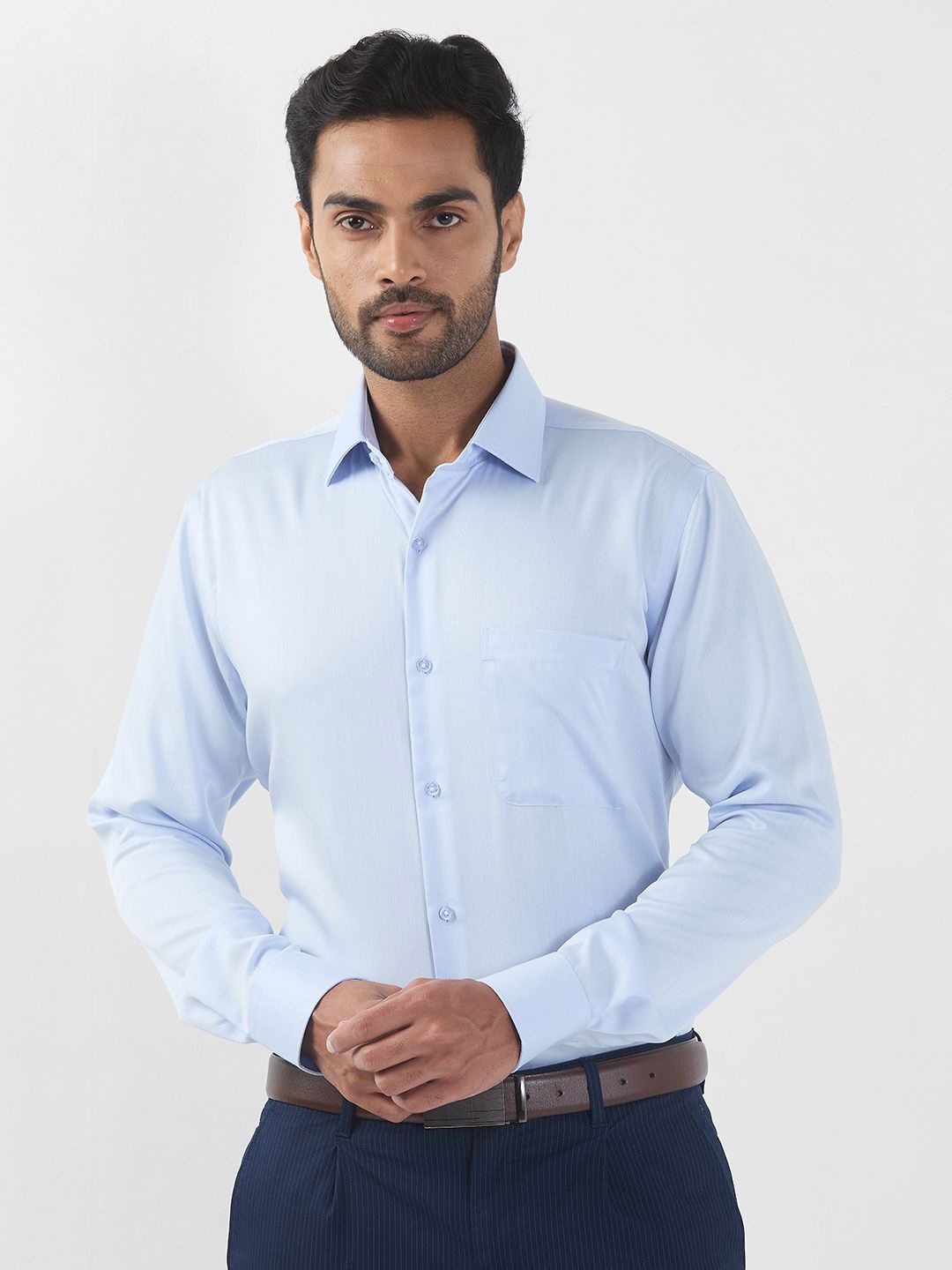 

Raymond Men Contemporary Spread Collar Solid Cotton Formal Shirt, Blue