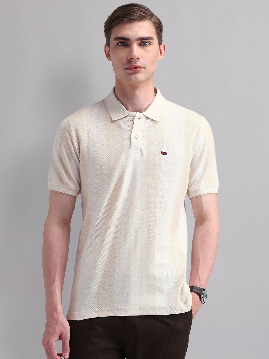 

AD By Arvind Men Striped Polo Collar Cotton Slim Fit T-shirt, Beige