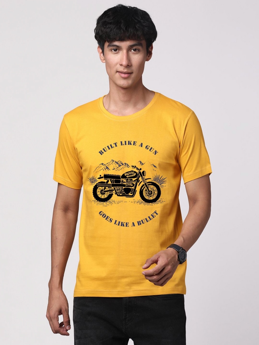 

ADRO Men Graphic Printed Round Neck Cotton T-shirt, Mustard