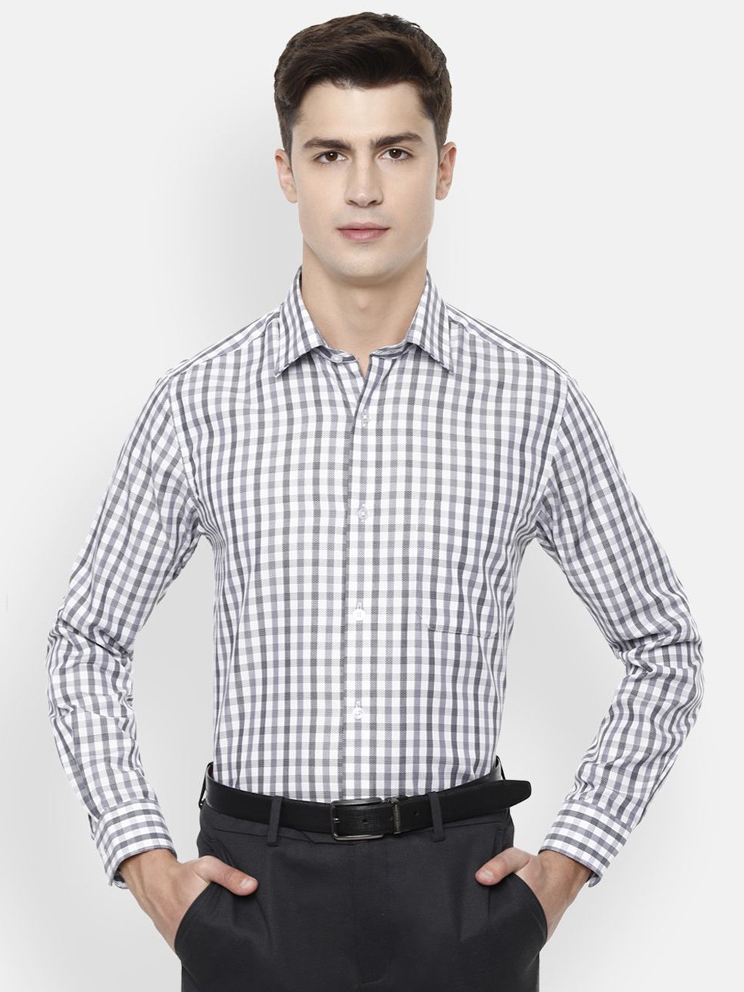 

Louis Philippe Men Spread Collar Tartan Checked Cotton Slim Fit Formal Shirt, White