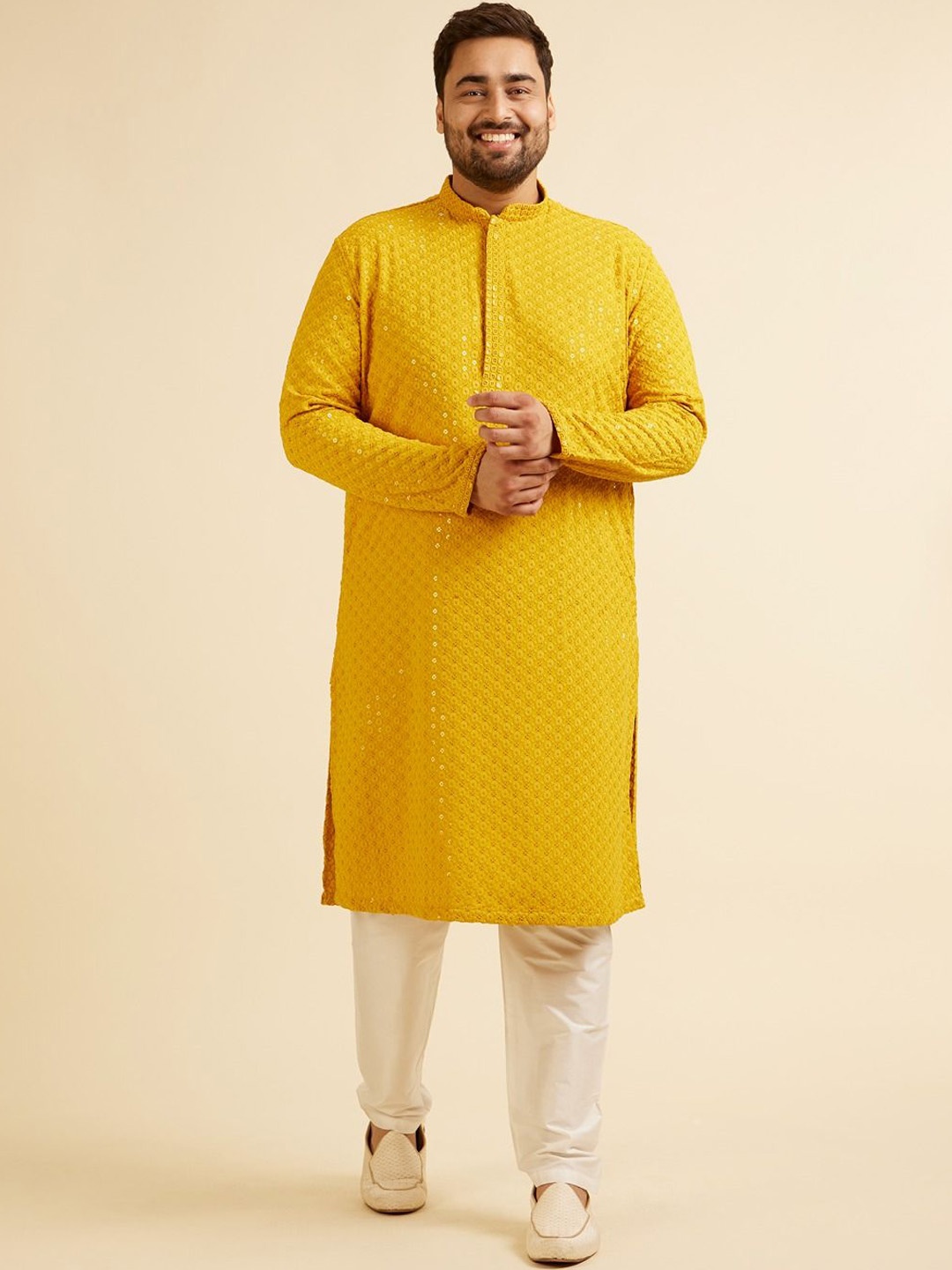 

Manyavar Plus Size Floral Embroidered Mandarin Collar Regular Sequinned Kurta With Pyjama, Mustard