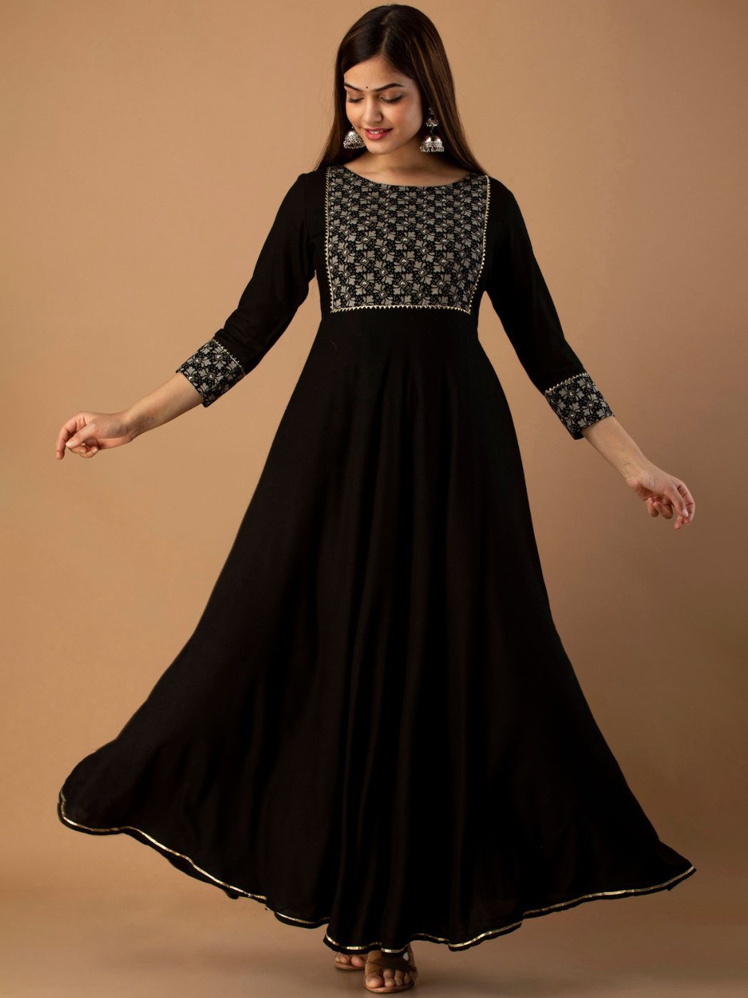 

GORDHAN Ethnic Motifs Printed Round Neck Gotta Patti Viscose Rayon Anarkali Kurta, Black