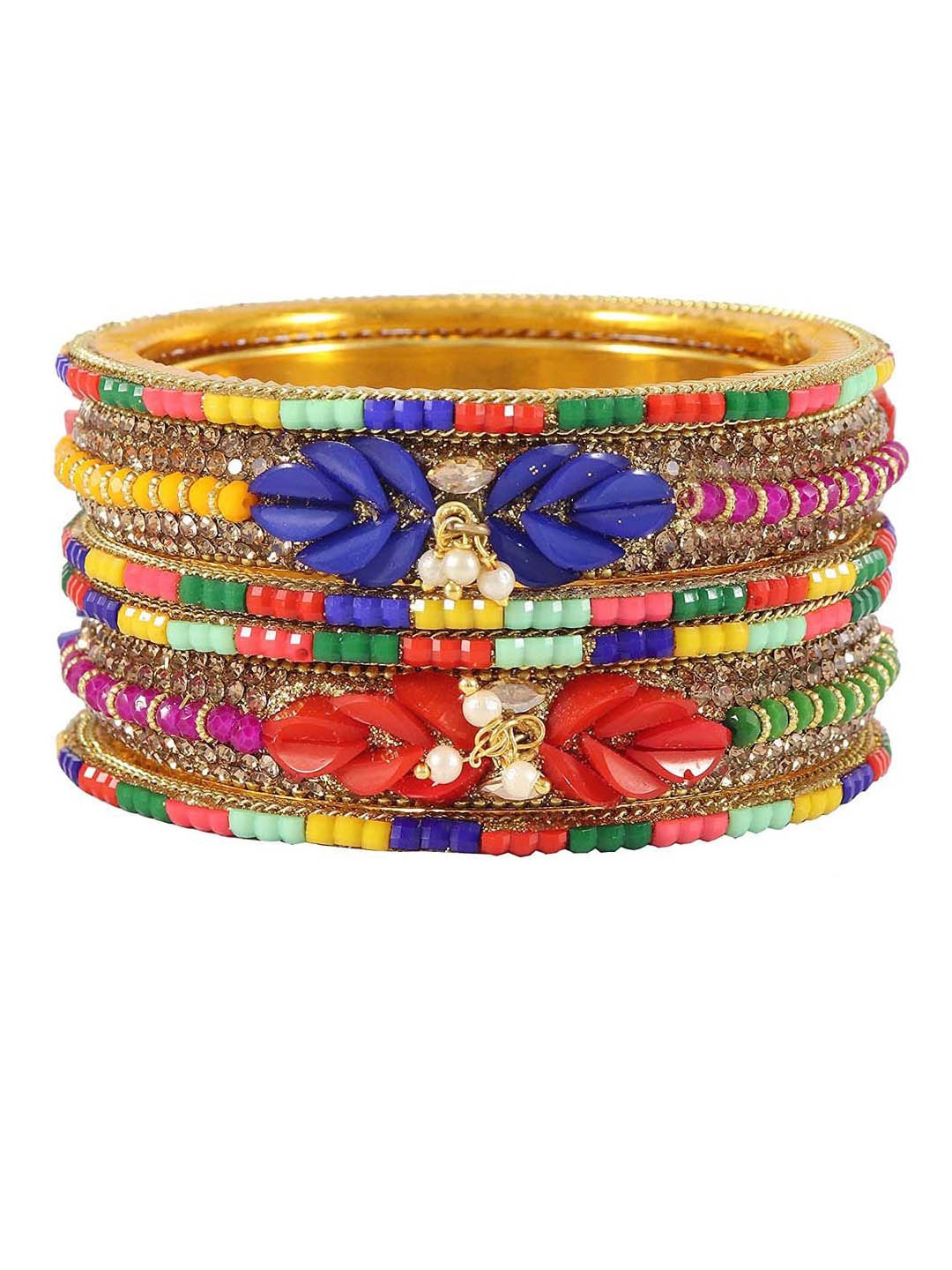 

ZULKA Set Of 2 Gold-Plated Zircon Gemstone and Pearls Stones-Studded & Beaded Kada Bangles