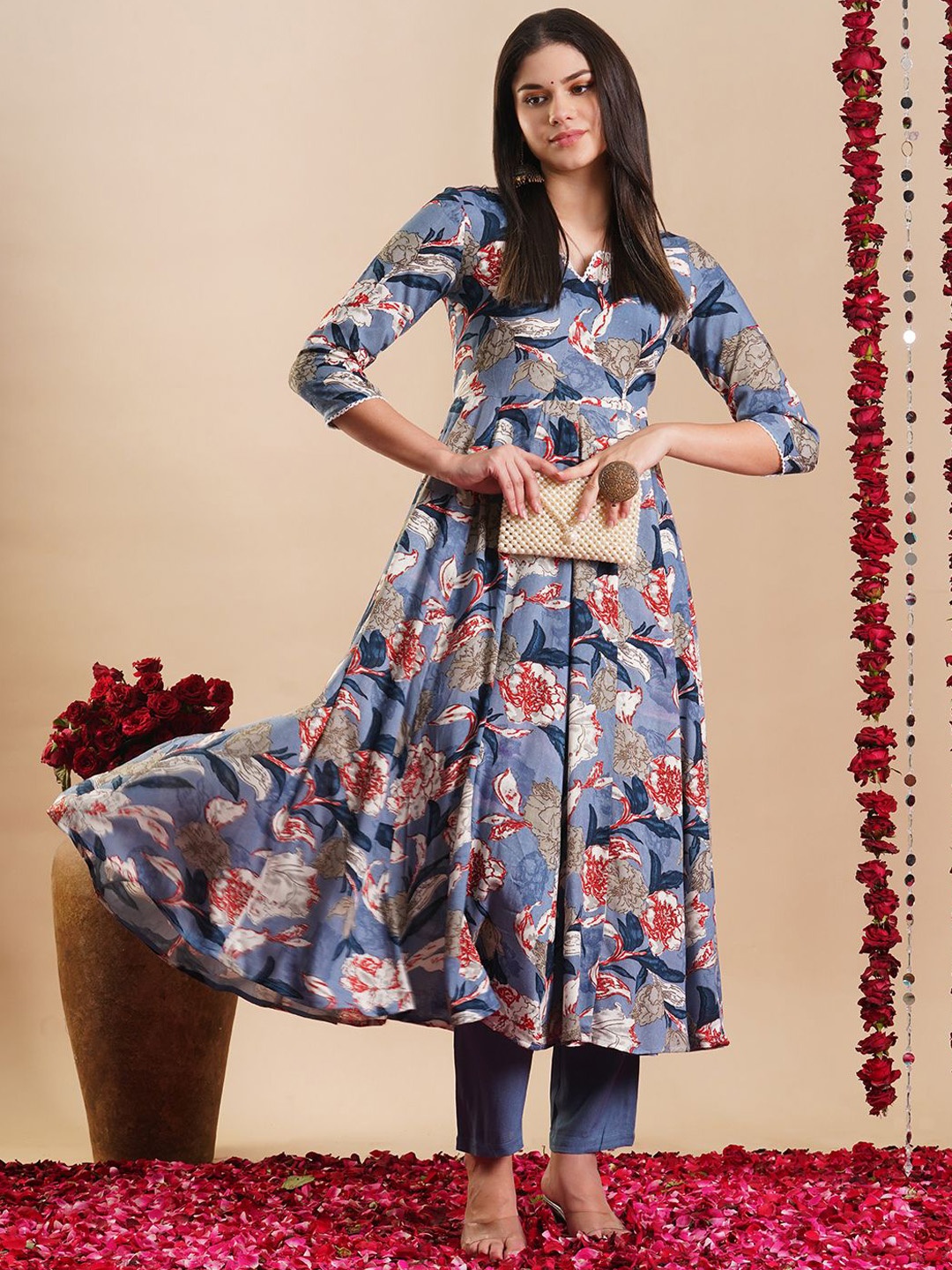 

KALINI Floral Printed Anarkali Kurta With Trouser, Blue