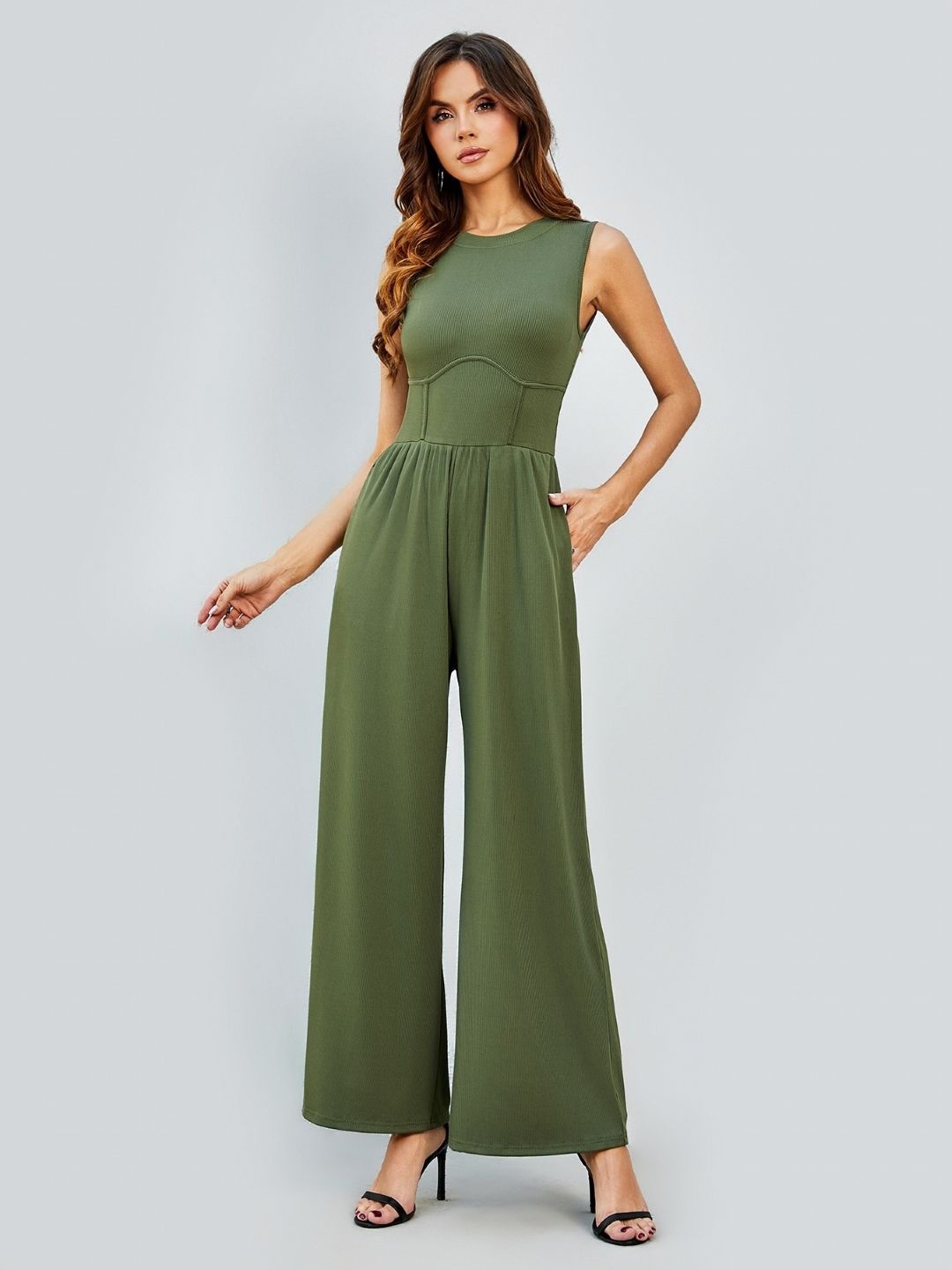 

KPOP Round Neck Basic Jumpsuit, Green