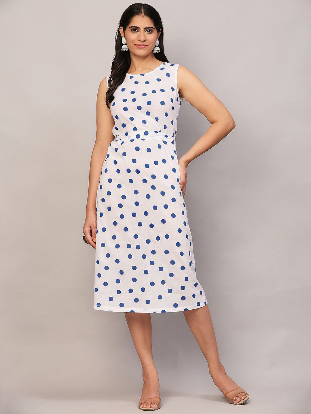 

Poshak Hub Polka Dot Printed Pure Cotton A-Line Midi Dress, White