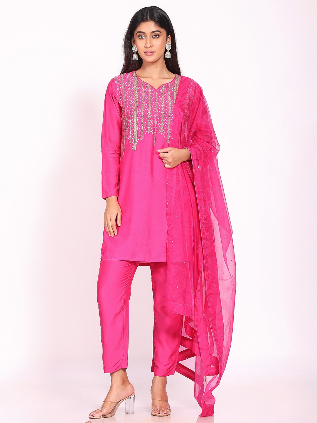 

ORAT Ethnic Motifs Embroidered Pure Cotton Straight Kurti With Trousers & Dupatta, Pink