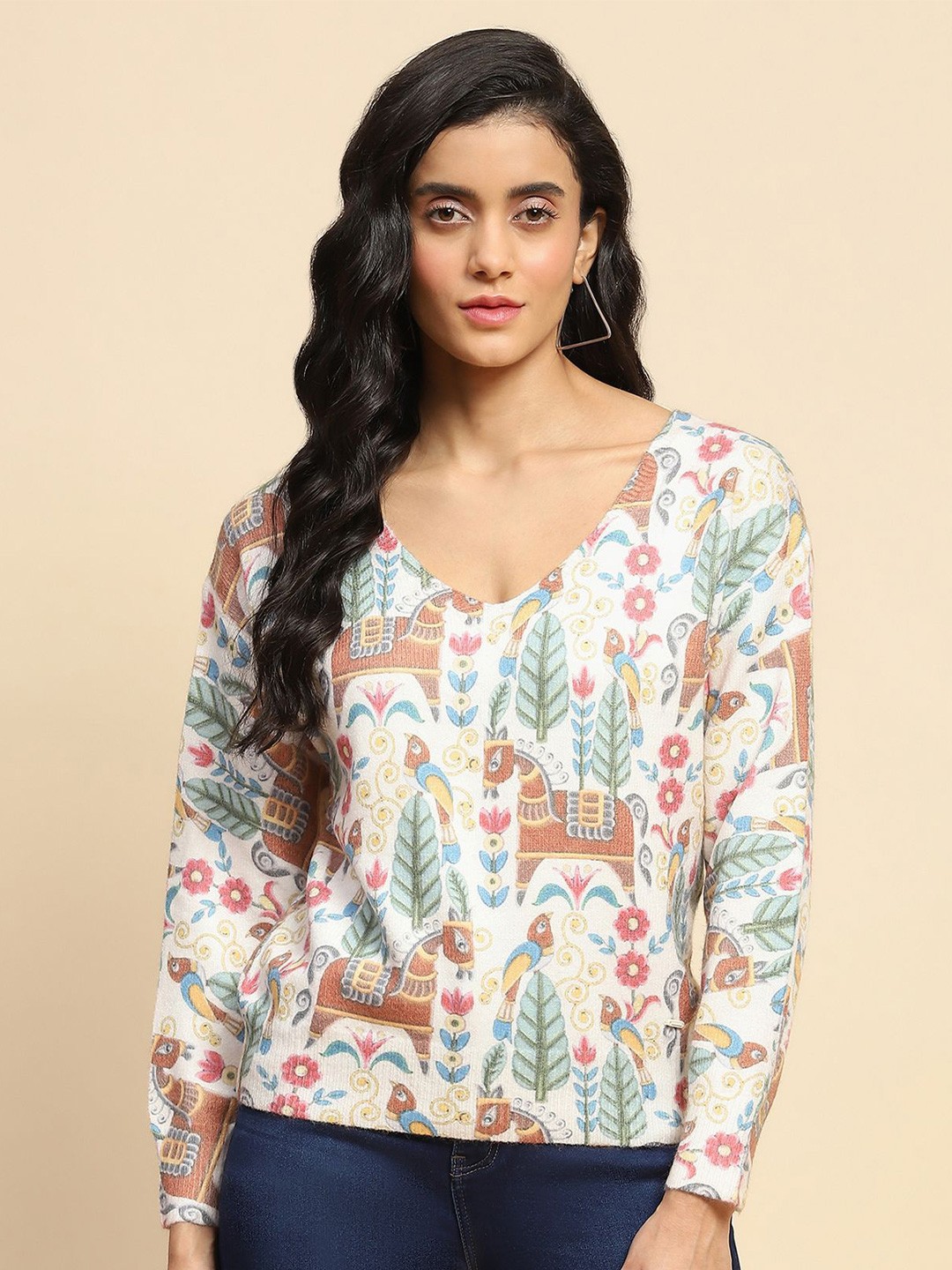 

Global Republic Women Floral Printed V-Neck Top, Off white