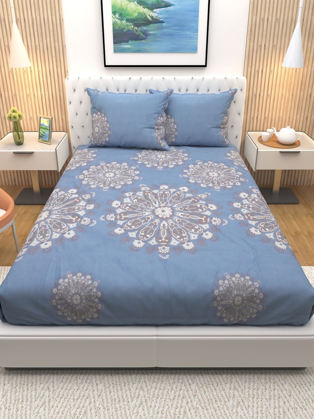 

Aura Blue & Brown Ethnic Motifs Printed Cotton 180 TC Queen Bedsheet with 2 Pillow Covers