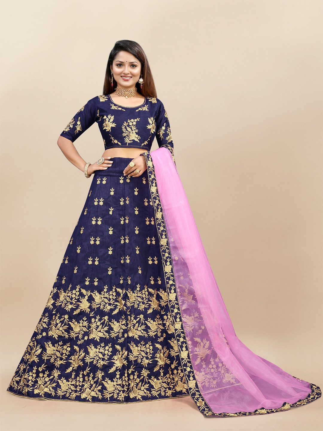 

JULEE Embroidered Thread Work Semi Stitched Lehenga & Unstitched Blouse With Dupatta, Blue