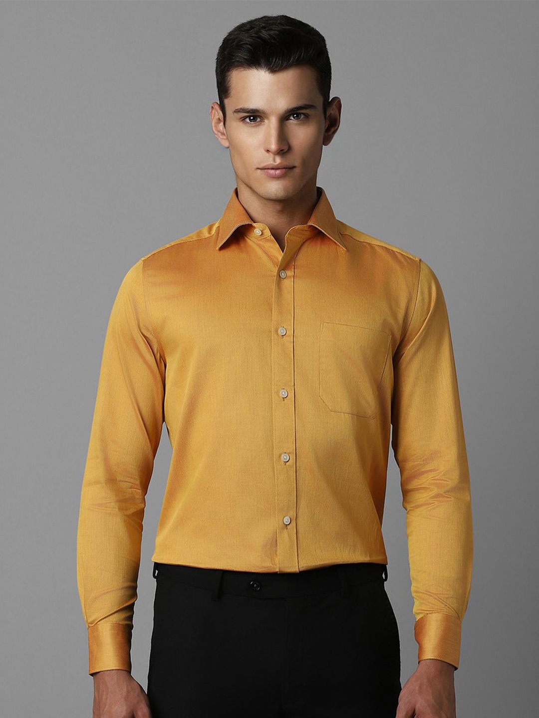 

Louis Philippe Men Spread Collar Solid Cotton Formal Shirt, Yellow