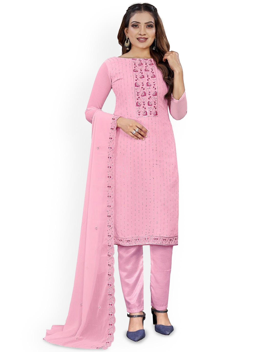 

LADY SHOPI Embellished Unstitched Dress Material, Pink