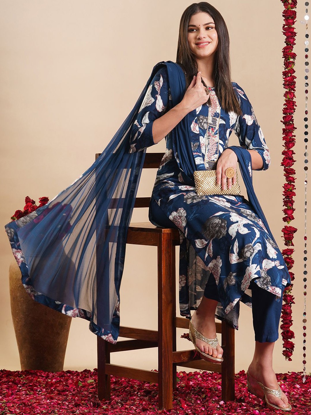 

KALINI Women Floral Printed Regular Thread Work Kurta with Trousers & With Dupatta, Blue
