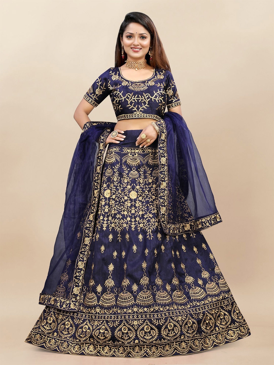 

LADY SHOPI Embroidered Beads and Stone Semi-Stitched Lehenga & Unstitched Blouse & Dupatta, Blue