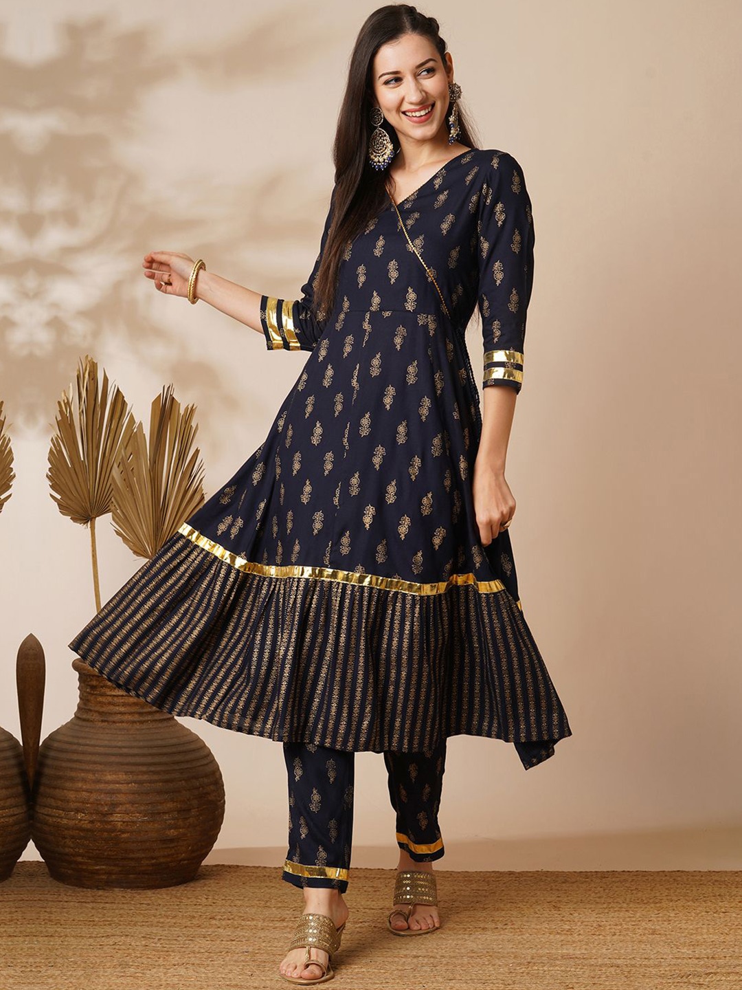 

Globus Navy Blue V-Neck Floral Printed Gotta Lace Angrakha Anarkali Kurta With Pants