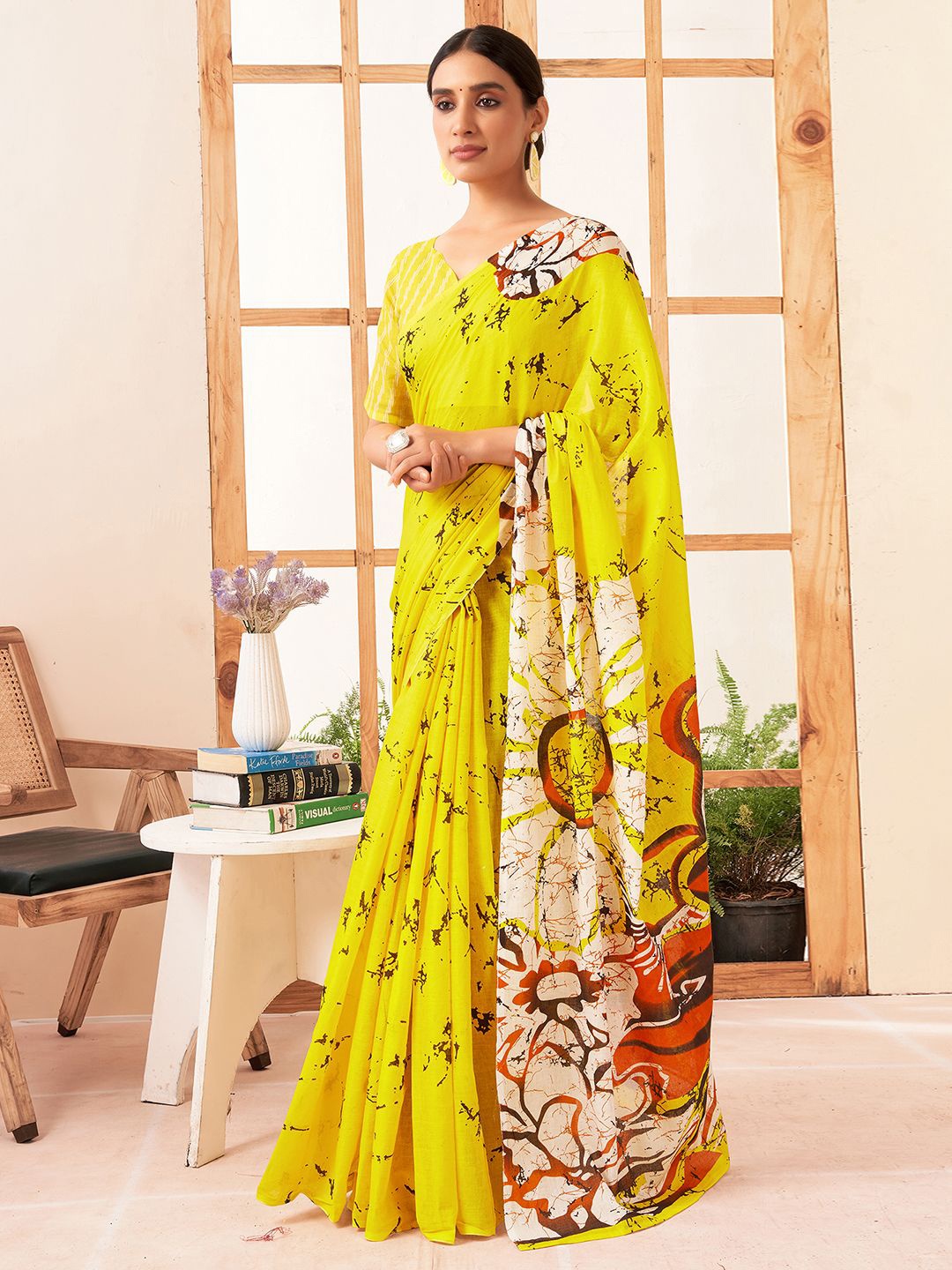 

Mitera Abstract Printed Pure Cotton Dabu Saree, Yellow