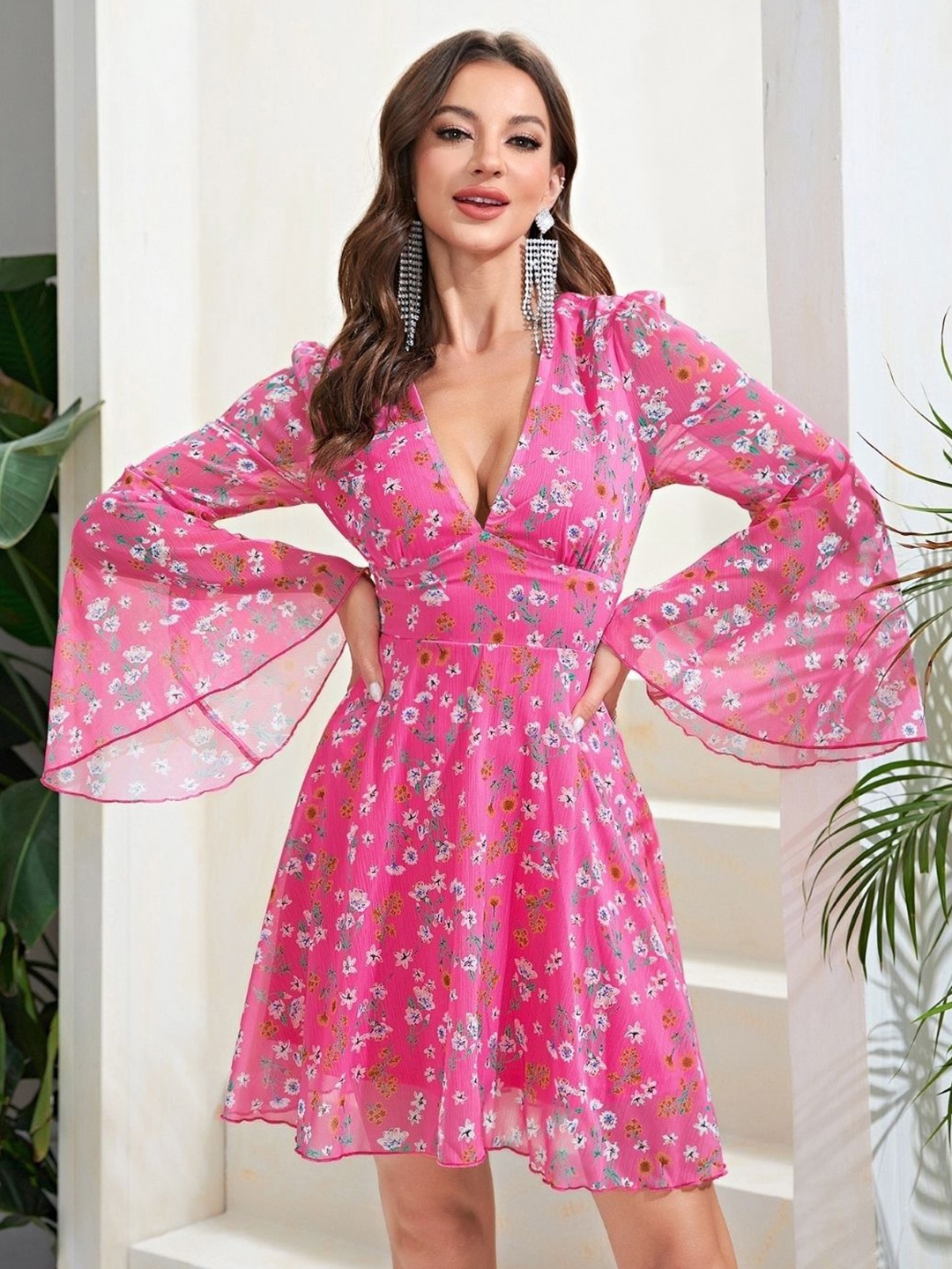 

KPOP Floral Print Long Sleeve A-Line Dress, Pink